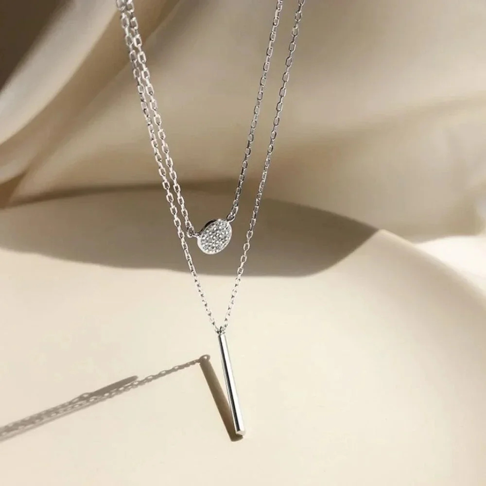 925 Sterling Silver Coin & Bar Layered Dainty Minimalist Chain Necklace - Picture 7 of 8